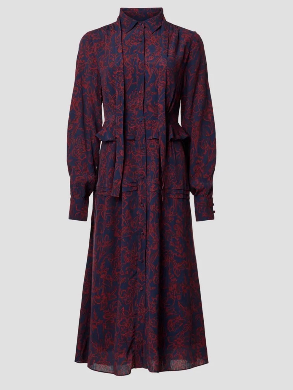 Jason Wu Navy and Burgundy Long-Sleeve Floral Midi Dress